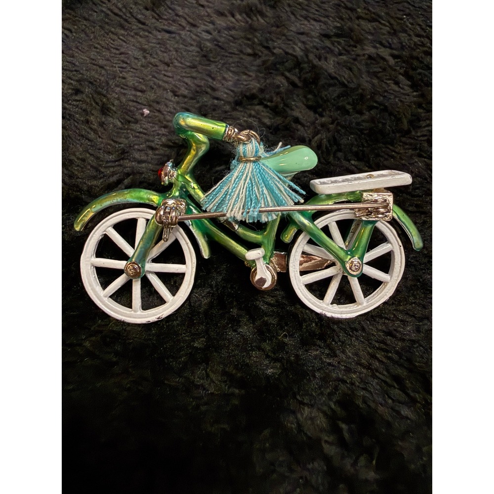 Vintage Style Green Enamel Bicycle Brooch Pin with Tassels and Rhinestone